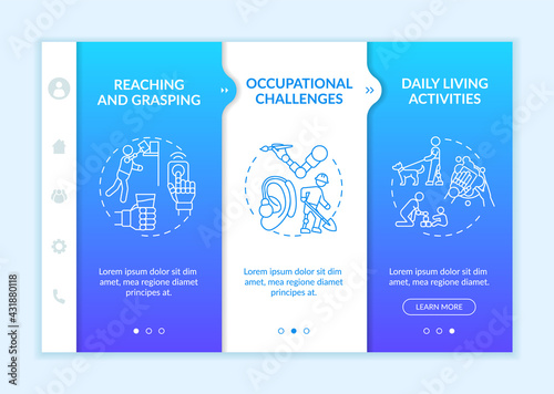 Upper-extremity prostheses tasks onboarding vector template. Responsive mobile website with icons. Web page walkthrough 3 step screens. Reaching and grasping color concept with linear illustrations