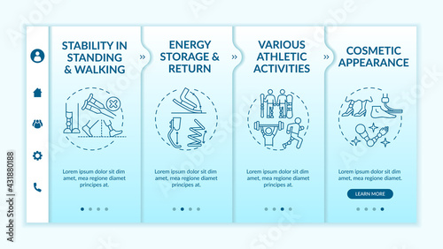 Lower-extremity prostheses tasks onboarding vector template. Responsive mobile website with icons. Web page walkthrough 4 step screens. Energy storage, return color concept with linear illustrations