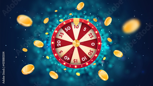 Vector 3d fortune wheel with golden flying coins on blue abstract background. Spin casino roulette and win prizes