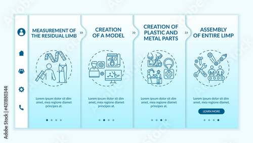 Artificial limb production steps onboarding vector template. Responsive mobile website with icons. Web page walkthrough 4 step screens. Metal parts creation color concept with linear illustrations