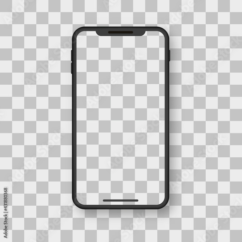 Smartphone Mockup with Transparent Screen. Black Mobile phone on Transparent Background with Blank Display. Mock up Realistic Smartphone. Front View. Vector illustration