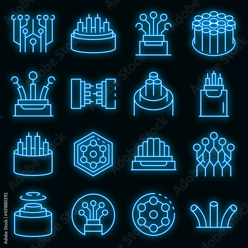 Optical fiber icons set. Outline set of optical fiber vector icons neoncolor on black