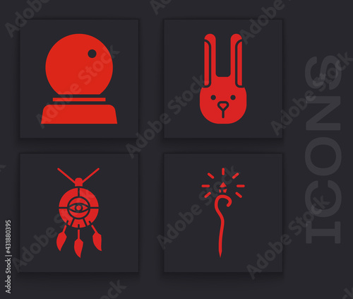 Set Magic staff, Magic ball, Rabbit with ears and Dream catcher with feathers icon. Vector