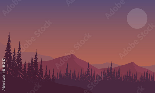 Incredible Mountain views from the suburbs at dusk with silhouettes of pine trees. Vector illustration