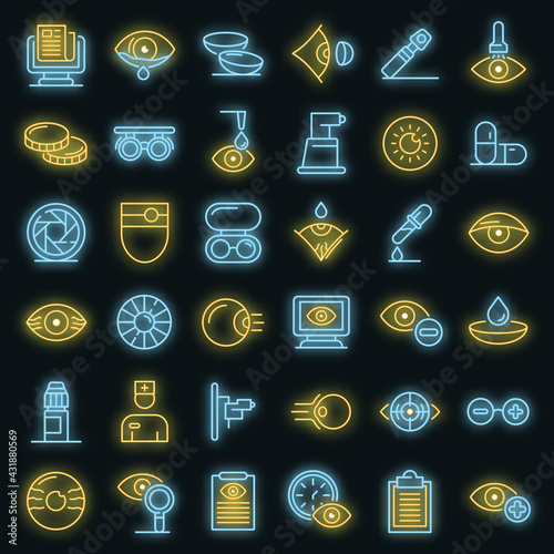 Eye examination icons set. Outline set of eye examination vector icons neoncolor on black