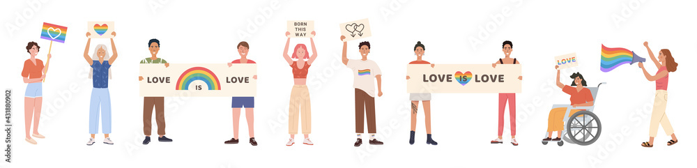 Crowd of people at pride parade holding placards and flags. Men and women at demonstration for LGBT rights. Gay, lesbian, bisexual, transgender activists. Sexual diversity. Set of Vector characters. Crowd of people at pride parade holding placards and flags. Men and women at demonstration for LGBT rights. Gay, lesbian, bisexual, transgender activists. Sexual diversity. Set of Vector characters.