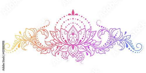 Colorful floral pattern for Mehndi and Henna drawing. Hand-draw lotus flower symbol. Decoration in ethnic oriental, Indian style. Rainbow design on white background. Outline vector illustration.
