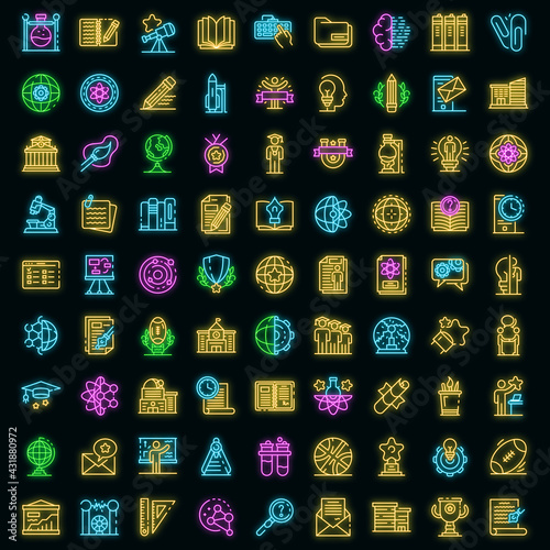 University icons set. Outline set of university vector icons neoncolor on black