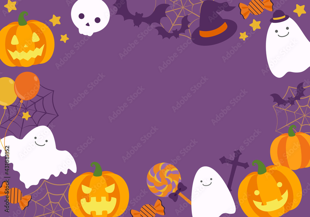 Fototapeta ハロウィンのかぼちゃランタンとおばけとコウモリなどのベクターイラストフレーム背景 Naklejamy Com
