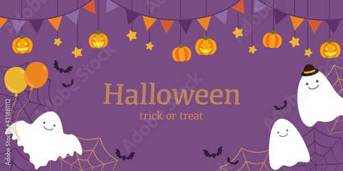 ハロウィンのかぼちゃランタンとおばけとコウモリなどのベクターイラストフレーム背景