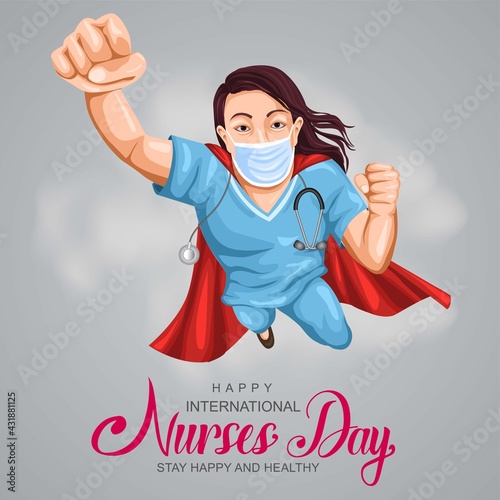 happy international nurse day. fighting with coronavirus pandemic or coronavirus disease 2021 COVID-19 concept. super hero nurse staff flying with sky. vector illustration design