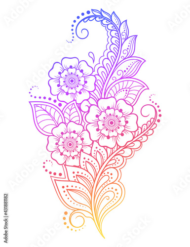 Colorful floral pattern for Mehndi and Henna drawing. Hand-draw lotus flower symbol. Decoration in ethnic oriental, Indian style. Rainbow design on white background. Outline vector illustration.