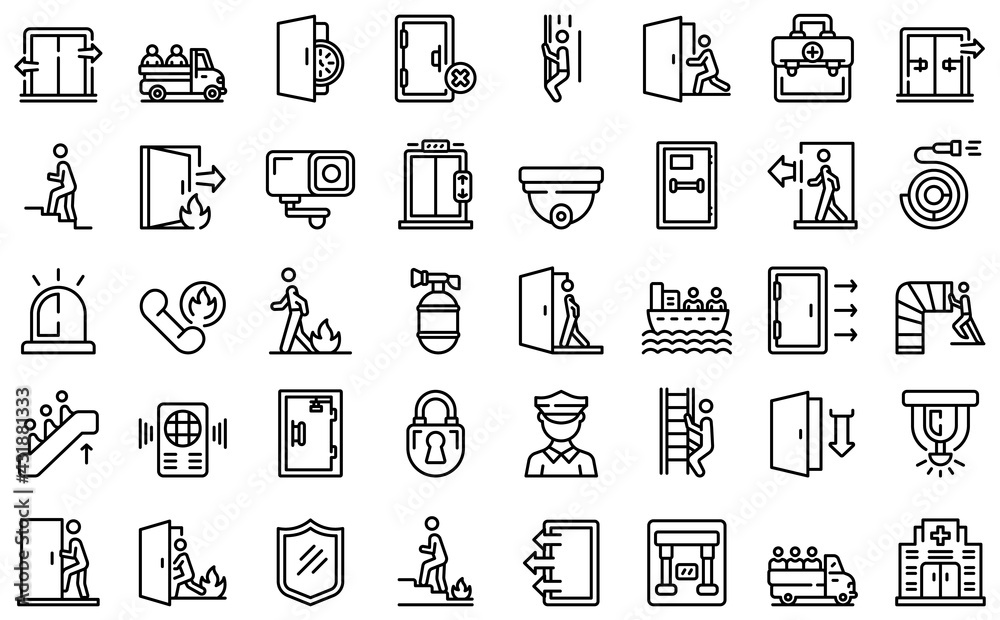 Human evacuation icons set. Outline set of human evacuation vector icons for web design isolated on white background Human evacuation icons set. Outline set of human evacuation vector icons for web design isolated on white background