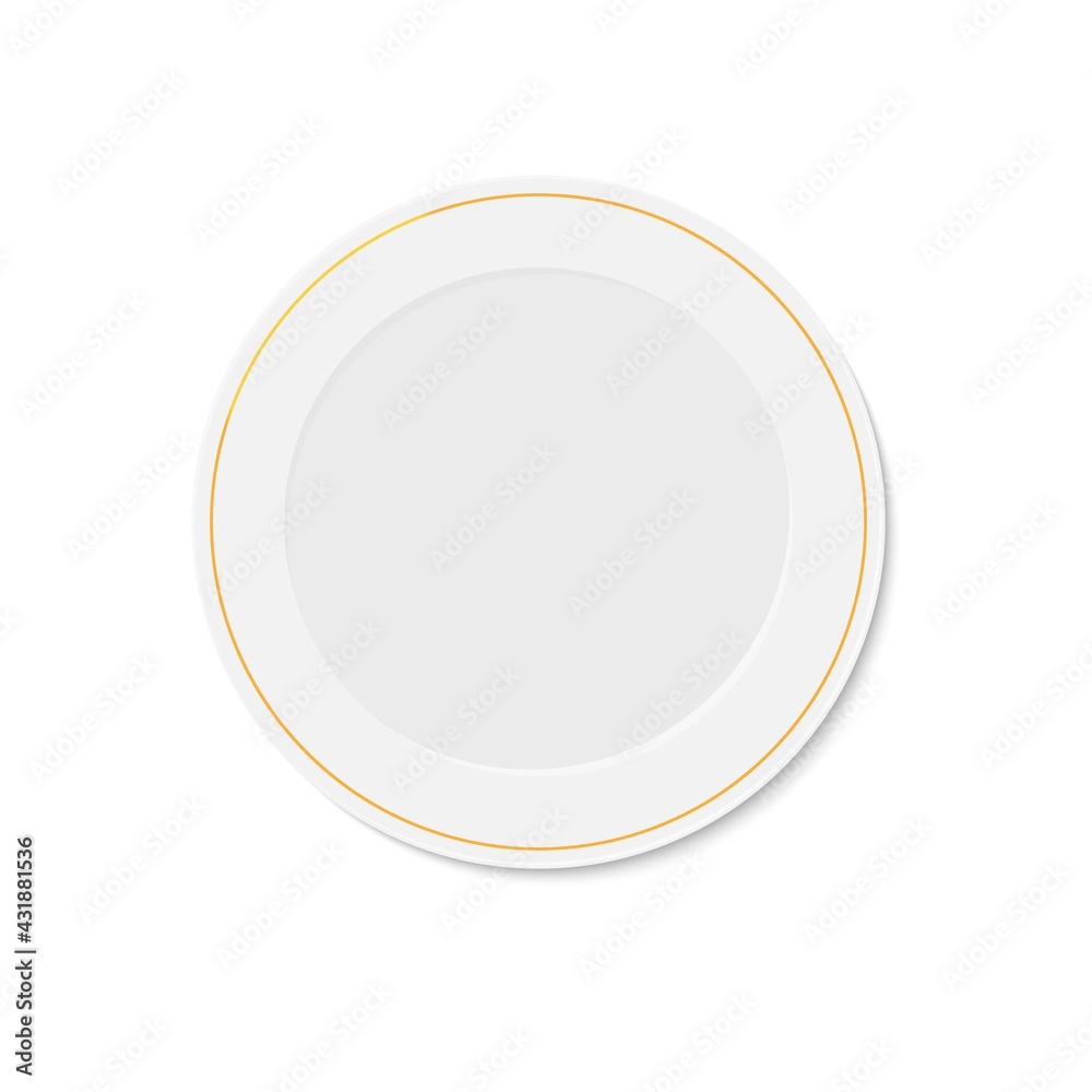 White plate with gold rim on white background. Household utensils and cutlery. Empty round shape plate. Porcelain crockery. Vector isolated illustration. Kitchen appliances utensils for eating. White plate with gold rim on white background. Household utensils and cutlery. Empty round shape plate. Porcelain crockery. Vector isolated illustration. Kitchen appliances utensils for eating.