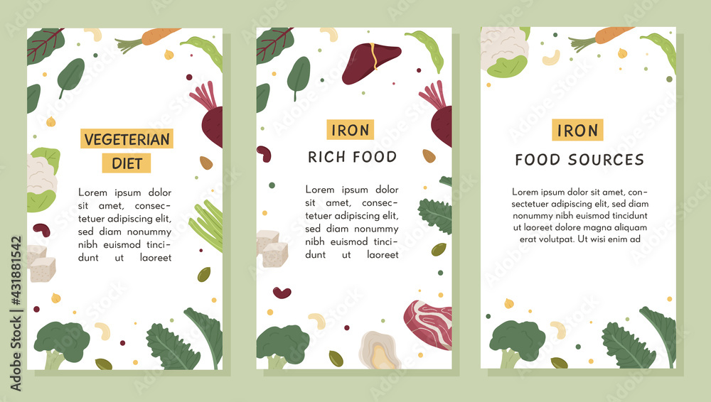 Vector Set of Social media Vertical Banner templates of iron food sources. Social media Story with text. Pattern with dietetic product, healthy vegeterian diet, organic nutrition, farmers market. 