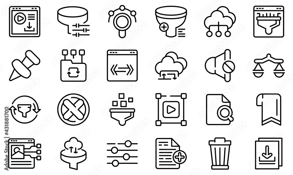 Filter search icons set. Outline set of filter search vector icons for web design isolated on white background