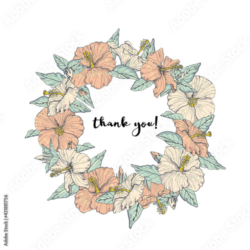Vintage Line art hibiscus flower wreath with dark outline and text thank you isolated on white background. Stock vector illustration.