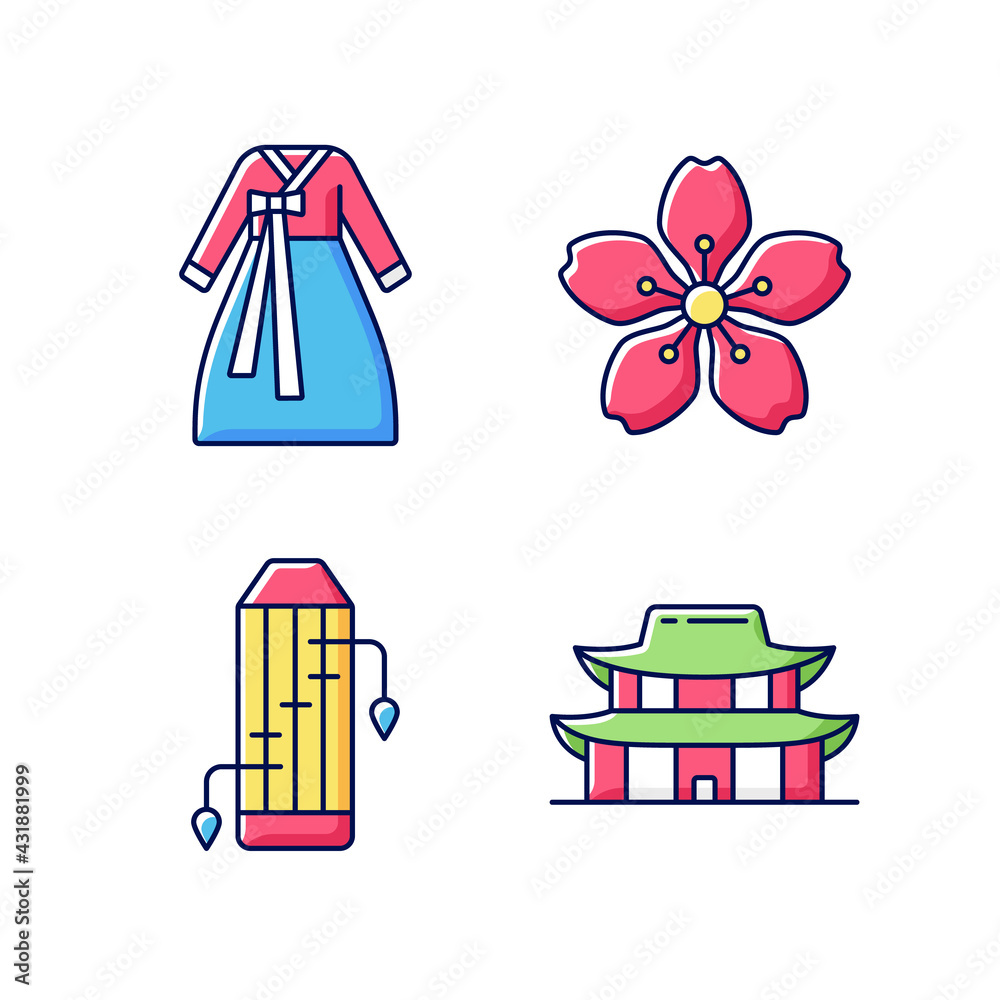 Korean ethnic symbols RGB color icons set. Hanbok clothes. Cherry