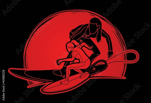 Group of Surfing Sport Women Players Action Cartoon Graphic Vector