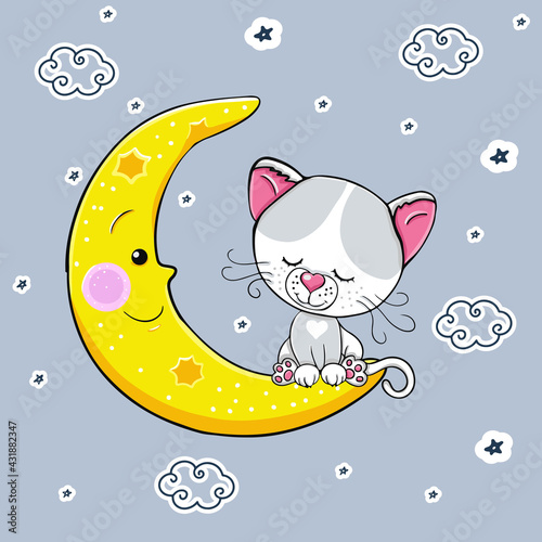 Cute cartoon white gray cat sleeps on the moon. Vector illustration. A beautiful kitten. The little kitten is sleeping
