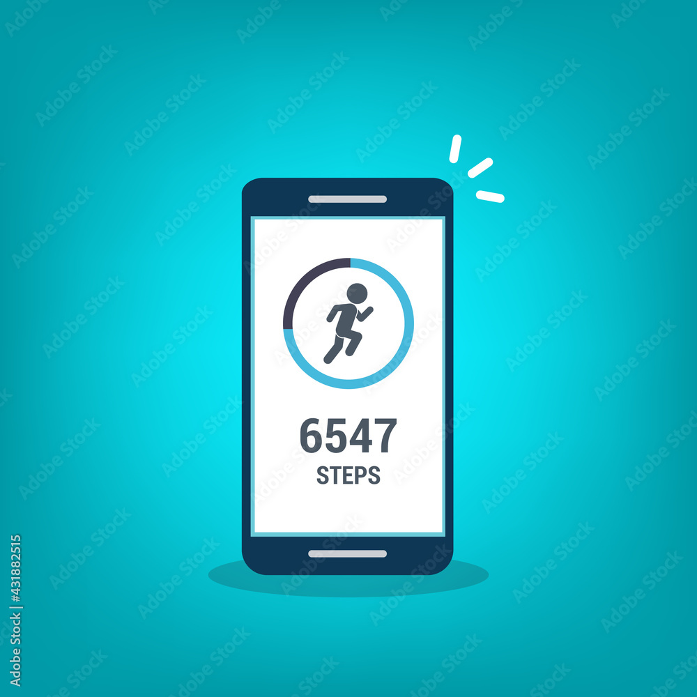 Fitness tracking app on mobile phone. Run tracker, walk steps counter. Vector illustration Fitness tracking app on mobile phone. Run tracker, walk steps counter. Vector illustration