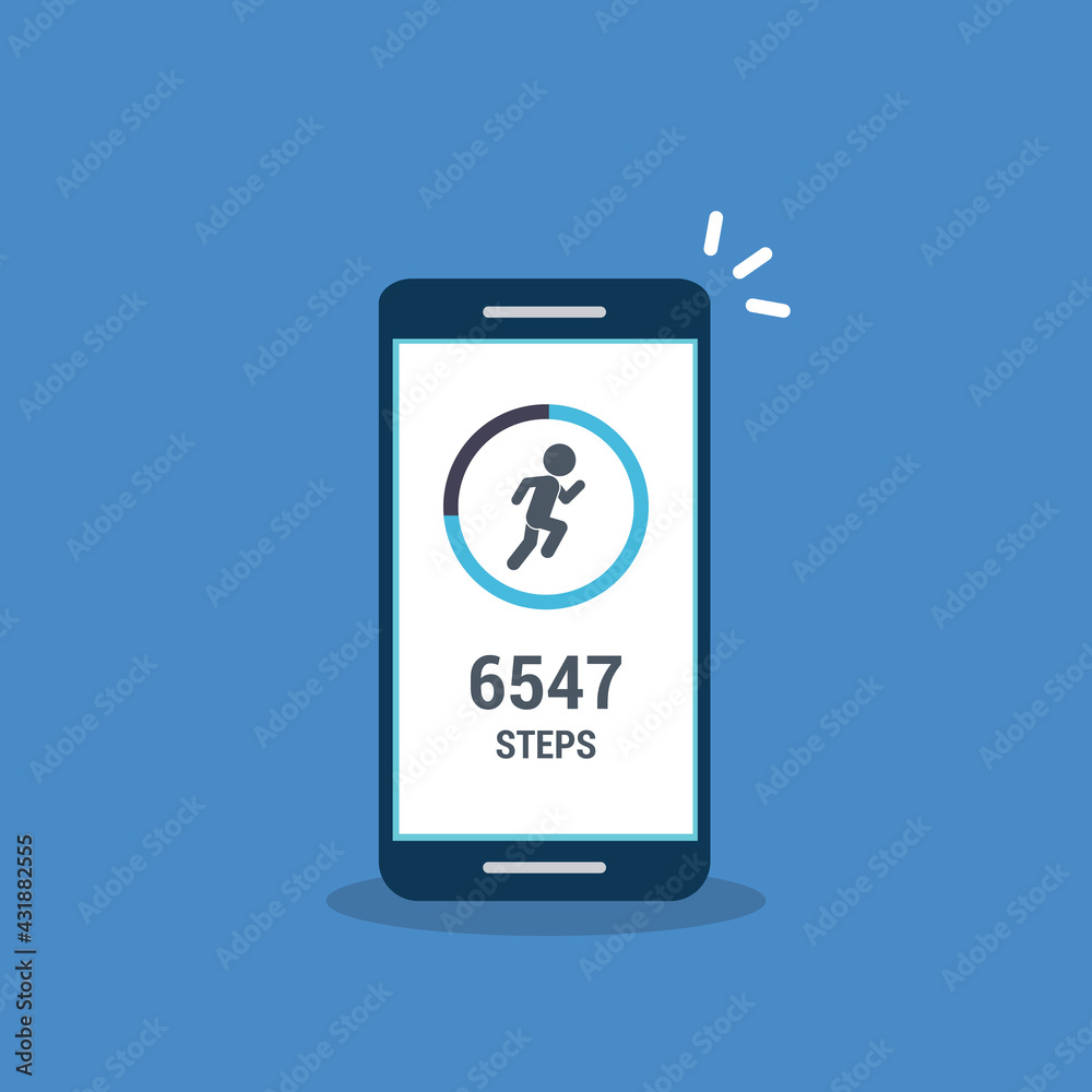 Fitness tracking app on mobile phone. Run tracker, walk steps counter. Vector illustration Fitness tracking app on mobile phone. Run tracker, walk steps counter. Vector illustration