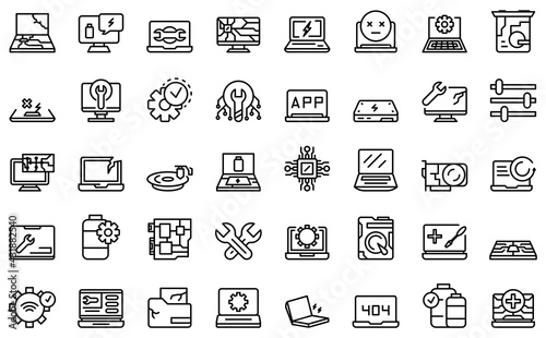 Laptop repair icons set. Outline set of laptop repair vector icons for web design isolated on white background