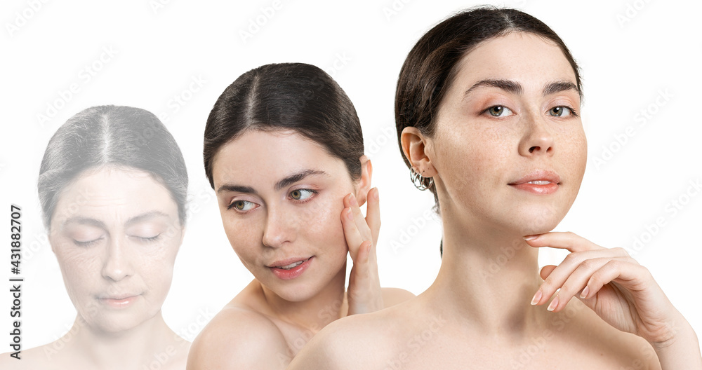 The result before and after plastic surgery. Three portraits of a caucasian woman showing the stages of rejuvenation. White background The result before and after plastic surgery. Three portraits of a caucasian woman showing the stages of rejuvenation. White background