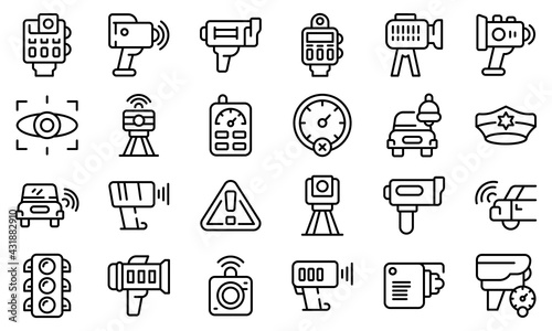 Speed radar icons set. Outline set of speed radar vector icons for web design isolated on white background