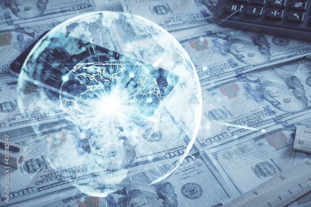 Multi exposure of business theme drawing over us dollars bill background. Concept of financial success.