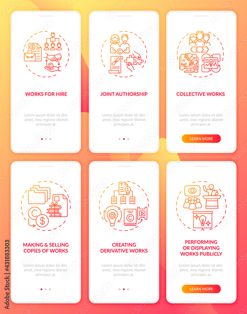 Copyright law onboarding mobile app page screen with concepts set. Derivative works creation walkthrough 3 steps graphic instructions. UI, UX, GUI vector template with linear color illustrations