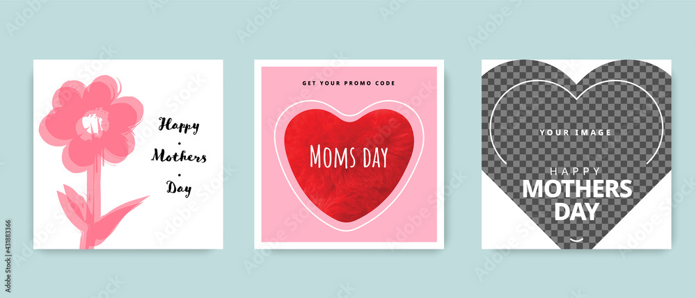 Mothers day social media layouts with heart and flower design elements, happy moms day template, May graphic design with pink background color