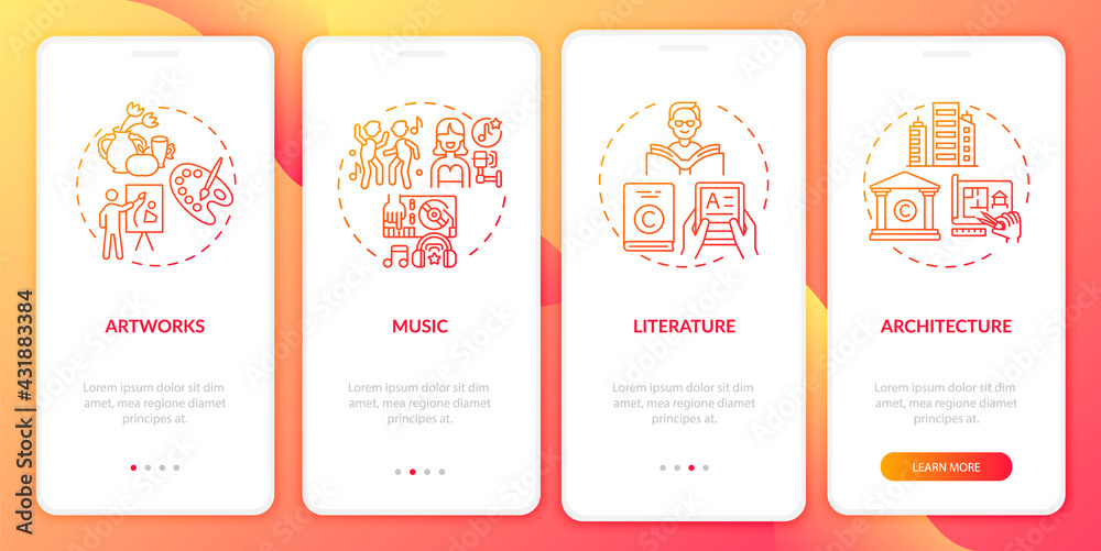 Copyright objects onboarding mobile app page screen with concepts. Musical recordings, literature walkthrough 4 steps graphic instructions. UI, UX, GUI vector template with linear color illustrations