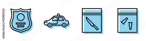 Set line Evidence bag and knife, Police badge, Police car and flasher and Evidence bag and bullet icon. Vector