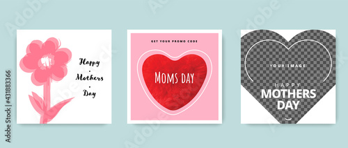 Mothers day social media layouts with heart and flower design elements, happy moms day template, May graphic design with pink background color