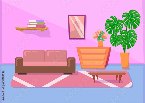 Colorful living room interior with sofa and other furniture. Cartoon vector illustration. Coffee table, plant, commode, pink sofa in modern home interior. Furniture, interior design, home concept