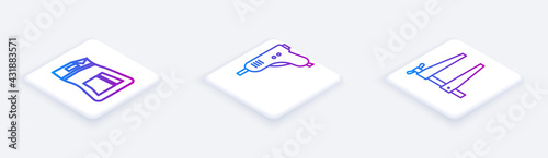 Set Isometric line Cement bag, Electric hot glue gun and Clamp tool. White square button. Vector