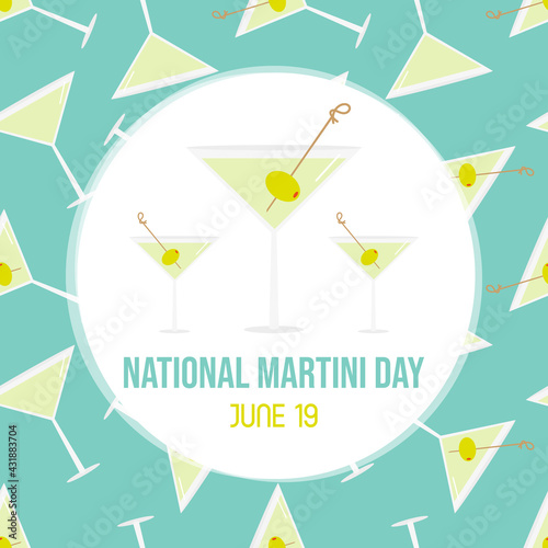 National Martini Day vector cartoon greeting card, illustration with martini cocktail glasses and seamless pattern background. June 19.