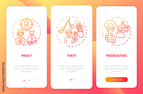 Copyright contravention types onboarding mobile app page screen with concepts. Piracy, freebooting walkthrough 3 steps graphic instructions. UI, UX, GUI vector template with linear color illustrations