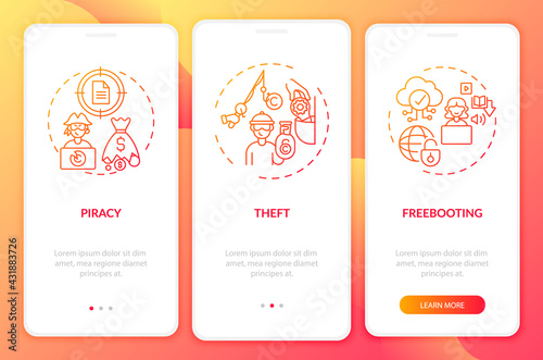 Copyright contravention types onboarding mobile app page screen with concepts. Piracy, freebooting walkthrough 3 steps graphic instructions. UI, UX, GUI vector template with linear color illustrations photo