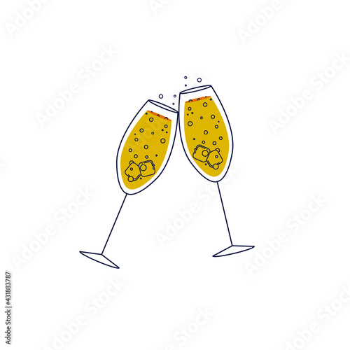 Two glasses with a yellow carbonated drink and ice cubes, knock on a white background. Champagne in wine glasses. Vector illustration, minimal linear flat design, isolated, eps 10.
