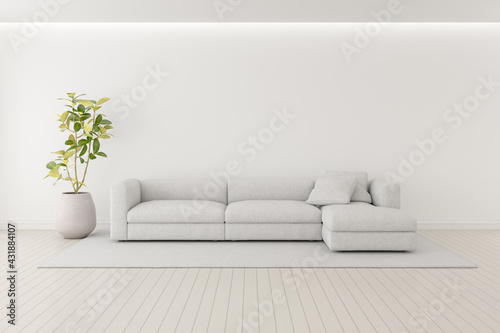 3d render of modern living room with wooden floor and large white plain wall.