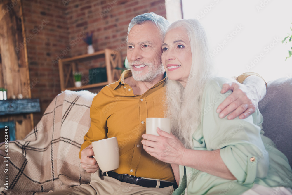Photo of happy retired grey haired pensioner smile watch tv drink tea embrace indoors inside house home - obrazy, fototapety, plakaty 
