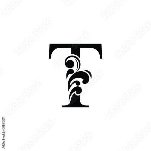 letter T. Vintage black flower ornament initial letters.  Alphabet. Logo vector 
