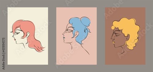 Hand drawn line art sophisticated women portraits in minimalistic abstract graphic style. Sketch in soft neutral pastel colors.