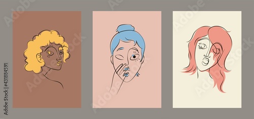 Hand drawn line art sophisticated women portraits in minimalistic abstract graphic style. Sketch in soft neutral pastel colors.