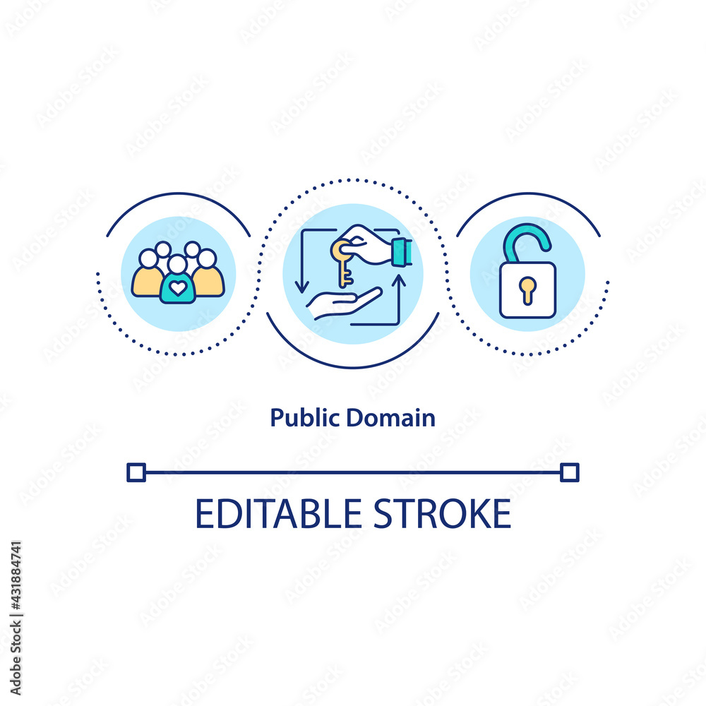 Public domain concept icon. Work is not covered by any intellectual property rights at all. Intelectual rights idea thin line illustration. Vector isolated outline RGB color drawing. Editable stroke Public domain concept icon. Work is not covered by any intellectual property rights at all. Intelectual rights idea thin line illustration. Vector isolated outline RGB color drawing. Editable stroke
