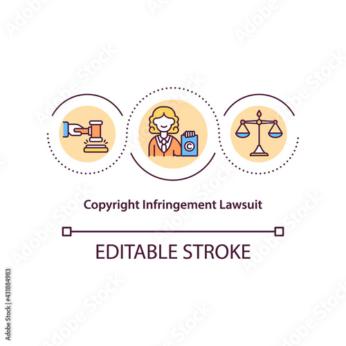 Copyright infringement lawsuit concept icon. Protection of authority rights in court house. Judge desides result idea thin line illustration. Vector isolated outline RGB color drawing. Editable stroke