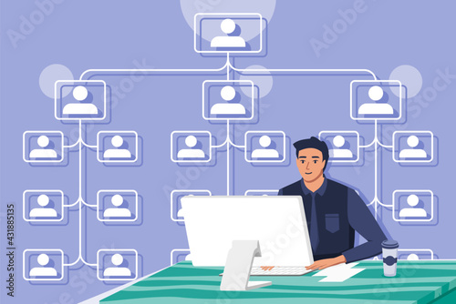 Human Resource Department or HRD Draw Up a Schematic Chart of Company or Government Hierarchy in Desktop Computer. Corporate Flat Vector Illustration.
