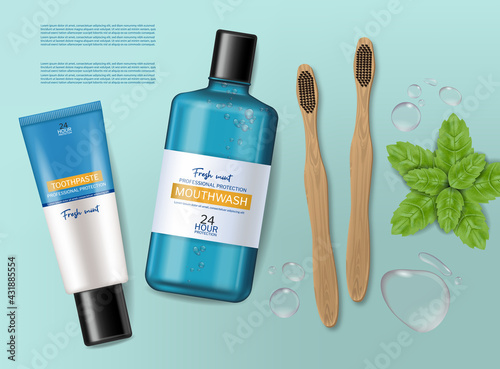 Mouthwash, toothpaste and bamboo brush Vector realistic. Product placement mo...
